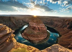 Park Narodowy Glen Canyon, Kanion, Rzeka, Kolorado River, Zakole, Horseshoe Bend, Promienie słońca, Skały, Arizona, Stany Zjednoczone