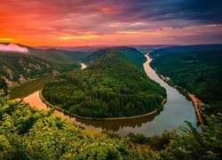 Rzeka, Saara River, Zielone, Lasy, Zachód słońca, Mettlach, Niemcy