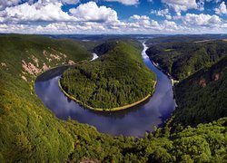 Rzeka Saara, Wzgórza, Lasy, Drzewa, Chmury, Zakole, Meandro del Sarre, Mettlach, Niemcy