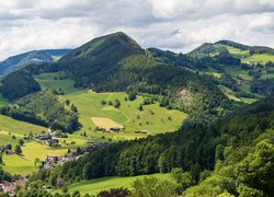 Zalesione wzgórza w szwajcarskiej miejscowości Langenbruck