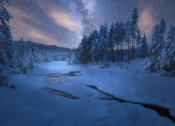 Zamarznięta rzeka w zimowym lesie i gwieździste niebo