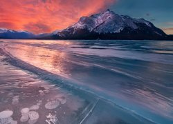 Zima, Zamarznięte, Jezioro, Abraham Lake, Góry, Wschód słońca, Prowincja Alberta, Kanada