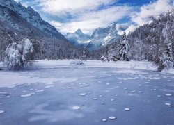 Zima, Jezioro Jasna, Lasy, Drzewa, Góry, Alpy Julijskie, Kranjska Gora, Słowenia