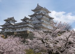 Zamek Himeji, Zamek Białej Czapli, Kwitnące, Drzewa, Miejscowość Himeji, Japonia