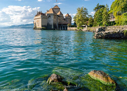 Szwajcaria, Kanton Vaud, Jezioro Genewskie, Zamek Chillon, Mur, Kamienie, Drzewa