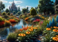 Zamek i kolorowe kwiaty nad rzeką
