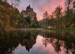 Zamek Kriebstein, Jezioro, Drzewa, Różowe, Niebo, Odbicie, Kriebstein, Niemcy