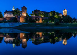 Zamek Królewski na Wawelu, Kraków, Polska, Noc, Zabytek, Wawel, Rzeka Wisła