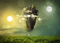 Zamek na skale w powietrzu i kobieta idąca po ścieżce w grafice fantasy
