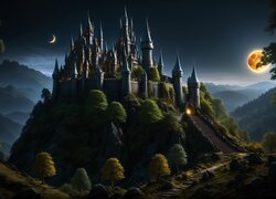 Zamek na wzgórzu w świetle księżyca