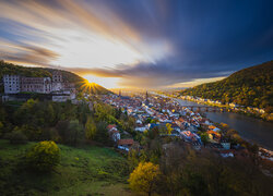 Niemcy, Miasto, Heidelberg, Zamek, Domy, Rzeka Neckar, Most, Zachód słońca