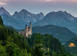 Niemcy, Bawaria, Góry, Alpy, Zamek Neuschwanstein, Zamek Hohenschwangau, Lasy, Drzewa
