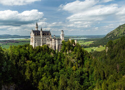 Zamek Neuschwanstein na skale otoczony drzewami w Bawarii