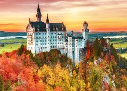 Niemcy, Bawaria, Zamek Neuschwanstein, Drzewa, Jesień, Wzgórza