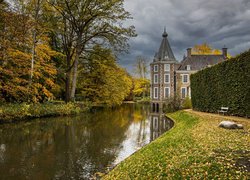 Jesień, Drzewa, Kanał, Liście, Zamek Nijenhuis, Overĳssel, Holandia