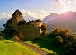 Liechtenstein, Vaduz, Zamek w Vaduz, Góry Alpy, Droga, Drzewa