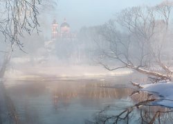 Zima, Śnieg, Mgła, Rzeka, Drzewa, Cerkiew