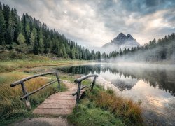 Jezioro, Antorno Lake, Góry Dolomity, Masyw Tre Cime di Lavaredo, Las, Drzewa, Mostek, Mgła, Chmury, Prowincja Belluno, Włochy