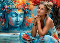 Kobieta, Drzewo, Mural, Budda, AI