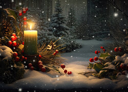Zapalona świeca i świąteczne ozdoby na śniegu