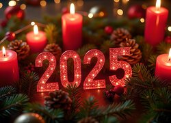 2025, Nowy Rok, Świece, Świerkowe, Gałązki, Grafika