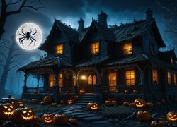 Halloween, Grafika, Dom, Oświetlony, Noc, Dynie, Drzewa, Pająk