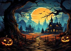Dynie, Droga, Drzewa, Domy, Księżyc, Halloween, Grafika