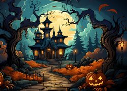 Grafika, Halloween, Noc, Księżyc, Drzewa, Droga, Dynie, Zamek