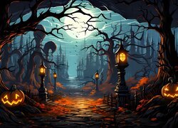 Dynie, Droga, Drzewa, Latarnie, Księżyc, Halloween, Grafika