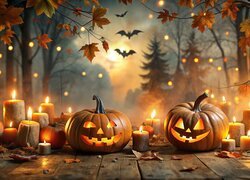 Grafika, Halloween, Dynie, Świece, Drzewa, Nietoperze
