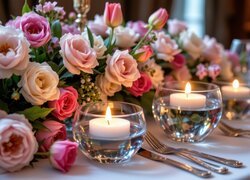 Zapalone świece i sztućce obok róż na stole