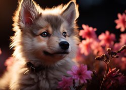 Pies, Szczeniak, Spojrzenie, Kwiaty