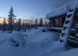 Zima, Wieś Saariselka, Ośnieżony, Dom, Drabina, Drzewa, Gmina Inari, Laponia, Finlandia