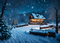 Zima, Śnieg, Dom, Drzewa, Ogrodzenie, Noc, Las