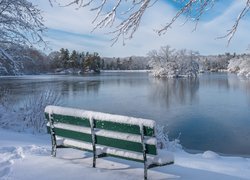 Zaśnieżona ławka nad stawem w parku