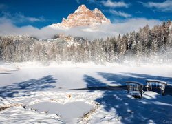 Zima, Jezioro, Antorno Lake, Mostek, Góry, Dolomity, Masyw, Tre Cime di Lavaredo, Drzewa, Prowincja Belluno, Włochy