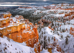 Zima, Śnieg, Góry, Skały, Drzewa, Park Narodowy Bryce Canyon, Utah, Stany Zjednoczone