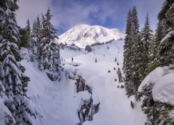 Zaśnieżony wodospad Myrtle Falls na tle góry Mount Rainier