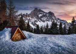 Zasypana śniegiem drewniana chata w górach
