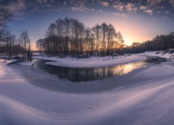 Zima, Rzeka Grabia, Śnieg, Drzewa, Województwo łódzkie, Polska