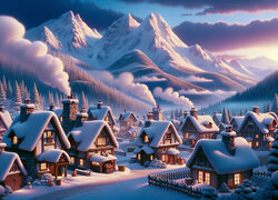 Zasypana śniegiem wioska w górskiej dolinie