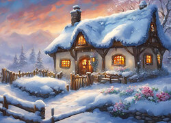 Zasypany śniegiem ogród i oświetlony dom