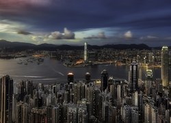 Chiny, Hongkong, Wzgórze Wiktorii, Zatoka Wiktorii, Port Wiktorii, Drapacze chmur, Miasto nocą