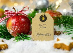 Kompozycja, Świąteczna, Boże Narodzenie, Jabłko, Gałązki, Zawieszka, Napis, Frohe Weihnachten, Wesołych Świąt