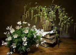 Zawilce obok gałązek brzozy w wazonie na książkach