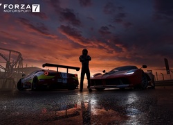 Zawodnik między samochodami w grze wyścigowej Forza Motorsport 7