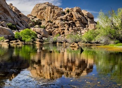 Stany Zjednoczone, Kalifornia, Park Narodowy Joshua Tree, Jezioro, Zbiornik wodny Barker Dam, Skały, Odbicie