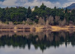 Drzewa, Domy, Zbiornik zaporowy, Jezioro, Navacerrada, Park Narodowy Sierra de Guadarrama, Hiszpania