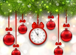 Zegar odmierzający minuty do Nowego Roku między wiszącymi bombkami na gałązce