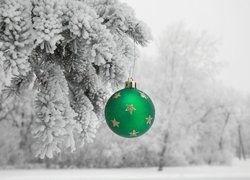 Drzewa, Śnieg, Zielona, Bombka, Boże Narodzenie